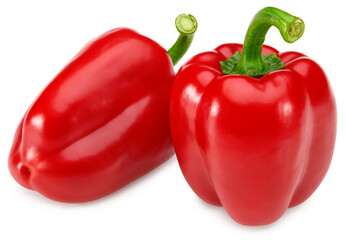 two red sweet bell peppers isolated on white background. clipping path