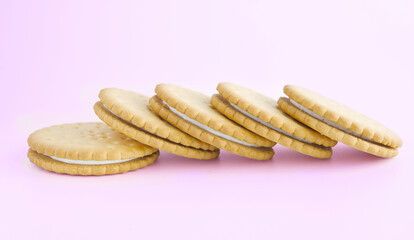 Several cream-filled biscuits side by side, dessert, snack, white background