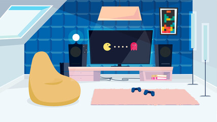 Obraz premium Console room interior, banner in flat cartoon design. Apartment inside with huge monitor with video game on screen, joysticks, music columns, bag chair and decor. Vector illustration of web background
