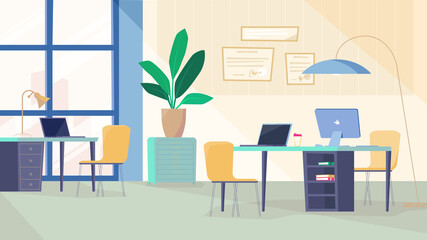 Programmers room interior, banner in flat cartoon design. Office inside with workplace, computer and laptops on desk, certificates on wall, plant and decor. Vector illustration of web background