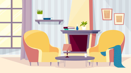 Old people room interior, banner in flat cartoon design. Living room inside with cozy armchairs, plaid, coffee table, window with curtains, fireplace and decor. Vector illustration of web background