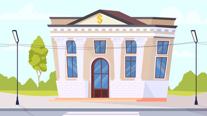 Bank building view, banner in flat cartoon design. White house with column in classical architecture style. Financial operations office, banking service concept. Vector illustration of web background