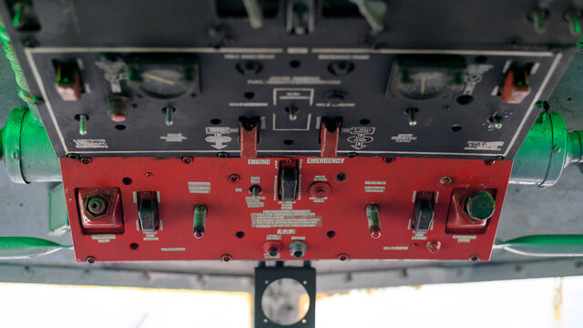 Close up of old vintage  airplane cockpit Flight Deck control panel