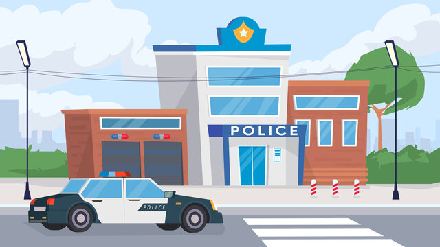 Police department building view, banner in flat cartoon design. Exterior of police station with patrol car. Protection, justice guards, justice structure concept. Vector illustration of web background