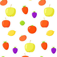 Seamless pattern. Set of fruits and vegetables. Seamless pattern. Tangerine, lemon, strawberry, lemon, green and red apple, pumpkin, tomato, lime. Vector illustration