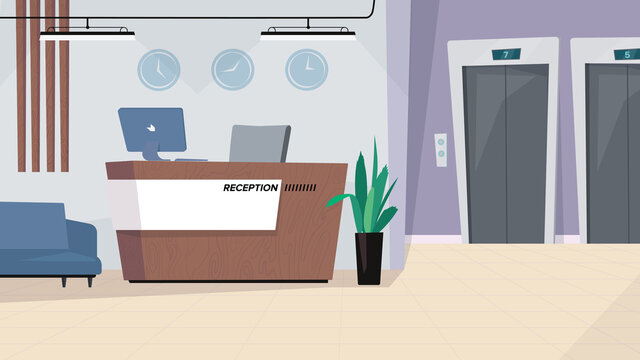 Reception waiting hall interior, banner in flat cartoon design. Lobby in modern office or hotel, reception desk with computer, sofa, elevator doors and decor. Vector illustration of web background