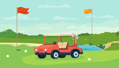 Fototapeta premium Golf game view, banner in flat cartoon design. Golf course, holes with flagsticks, car with equipment. Competition, tournament, hobby, outdoor activity concept. Vector illustration of web background