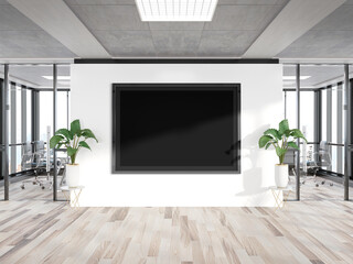 Black horizonal frame Mockup hanging on wall. Mock up of a billboard in modern wooden office interior 3D rendering