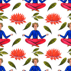 Yoga position. Woman making yoga and lotus flower. Seamless pattern. Watercolor illustration on white background.