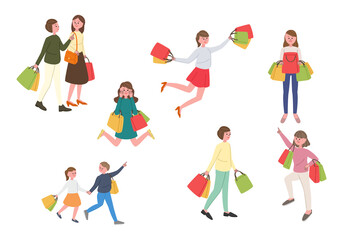 ショッピングをする人々のイラストセット
