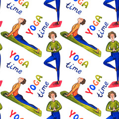 Yoga Time lettering and yoga positions - people making yoga ormeditating. Seamless pattern on white background. Watercolor illustration.