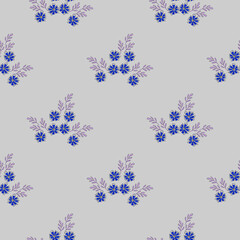 Vector seamless pattern with floral, repeating element. Pattern with a blue flower on a grey background. Use in textiles, clothing, wallpaper, design, baby backgrounds, wrapping paper.