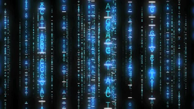 DNA塩基の文字の柱が並ぶ空間内を移動する（ループ可）