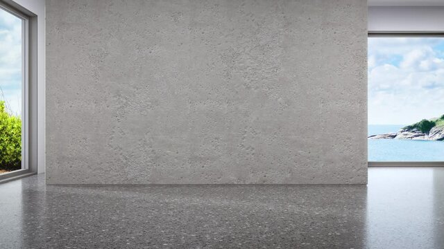 Minimal interior design of modern showroom with empty dark floor and gray concrete wall background. Entrance hall or corridor 3d illustration.