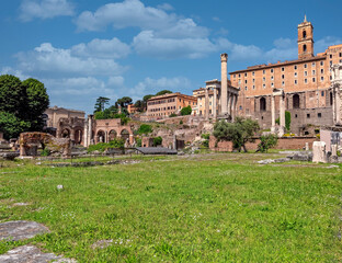 Rome Italy, panoramic view of the roman forum under impressive sky