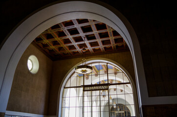 Famous Los Angeles sightseeing city skyline landmark Union train station in Art Deco and spanish...