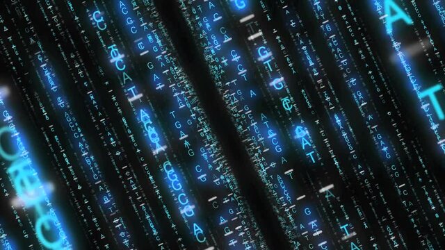 DNA塩基の文字の柱が並ぶ空間内を移動する（ループ可）