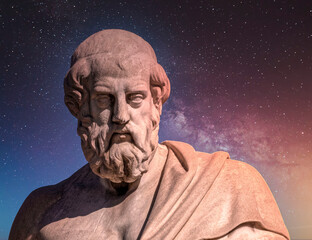 Plato the ancient Greek philosopher and thinker under starry night sky, space for your text - obrazy, fototapety, plakaty