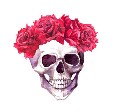 Human skull, dead head in wreath, red rose flowers. Watercolor for Dia de los Muertos