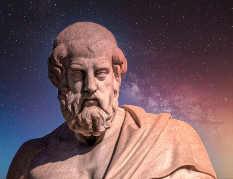 Plato the ancient Greek philosopher and thinker under starry night sky, space for your text