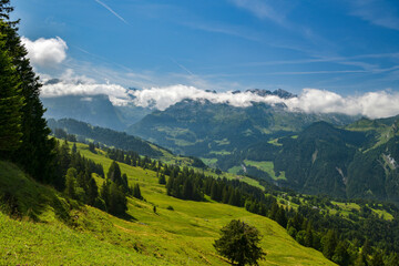 Fototapeta na wymiar Beautiful green pastures and meadows in Swiss Alps as seen from Hoch Ybrig
