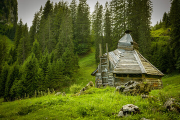 Self build old wooden shack above Oberiberg, Switzerland