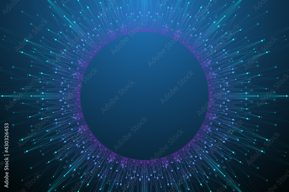 Aufkleber Big data visualization. Geometric abstract background visual information complexity. Futuristic infographics design. Technology background with connected line and dots, wave flow illustration