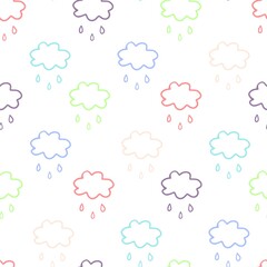 Seamless pattern with colorful clouds and raindrops. Vector illustration in pastel shades
