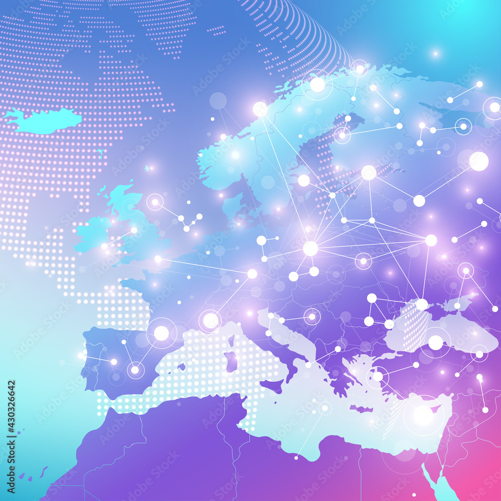 Poster Big data visualization. Geometric abstract background visual information complexity. Futuristic infographics design. Technology background with connected line and dots, wave flow illustration