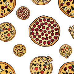 Pizza seamless pattern. Design sketch element for menu cafe, bistro, restaurant, bakery, packaging and other things.  Vector illustration.