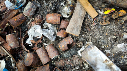 Beach pollution. Plastic bottles and other trash on sea beach. Ecological concept. earth day...