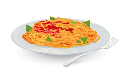 Cartoon of spaghetti with tomato and spicy arrabbiata sauce and basil on plate. Vector delicious italian dish for dinner in restaurant. Concept of pasta, european cuisine, eating isolated on white