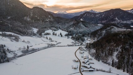 Fototapeta na wymiar Aerial view at Jachenau, Bavaria at winter time.