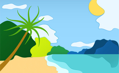 Fototapeta na wymiar Seascape. Sea view with palm tree and sun. Paper cut background.