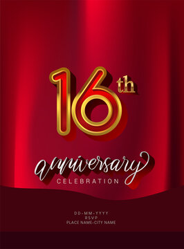 16th Anniversary Invitation and Greeting Card Design, Golden and Silver Colored, Elegant Design, Isolated on Red Background. Vector illustration.