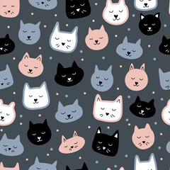 Seamless pattern with cute pink and grey cats on dark background. Hand drawn vector illustration. Trendy texture for textile, print, packaging