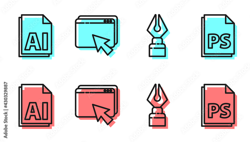 Poster set line fountain pen nib, ai file document, web design and development and ps file document icon. v