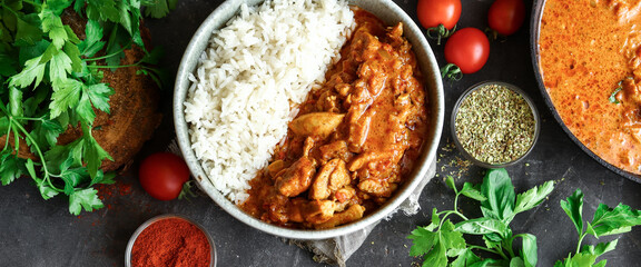 Traditional curry and ingredients. Tikka Masala chicken and rice. Indian food. Top view. Copy space. Dark background.