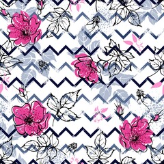 Seamless pattern with rosehip flowers and leaves. Zigzags in the background. Colorful vector illustration.