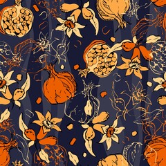 Seamless pattern with pomegranate flowers and fruits. Colorful vector illustration.