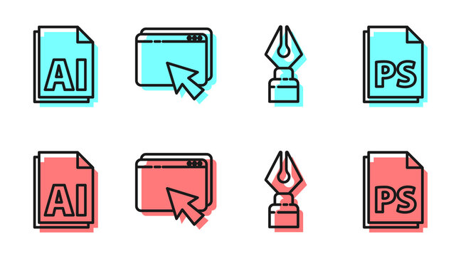 Set line Fountain pen nib, AI file document, Web design and development and PS File document icon. Vector