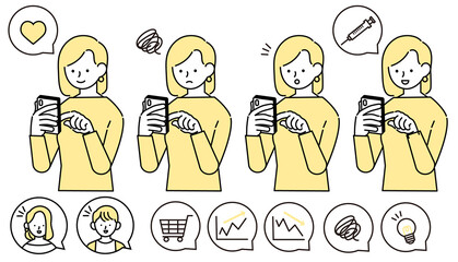 スマホで買い物やワクチンの予約をする私服の女性のイラスト