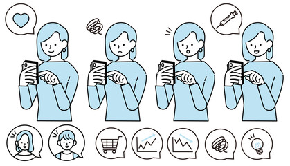 スマホで買い物やワクチンの予約をする私服の女性のイラスト