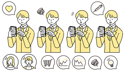 スマホで買い物やワクチンの予約をするスーツの男性のイラスト
