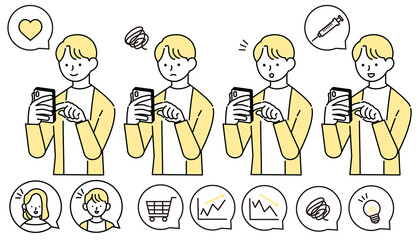 スマホで買い物やワクチンの予約をする私服の男性のイラスト
