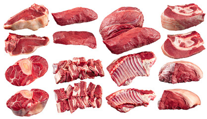 Collage of different isolated raw beef meat parts on the white background