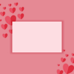 Pusta karta na pastelowym różowym tle w minimalistycznym stylu otoczona serduszkami. Zaproszenia ślubne, życzenia, tło dla social media stories, karta podarunkowa, voucher. © Monika