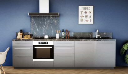vue 3d cuisine noire avec crédence marbre noir et mur bleu