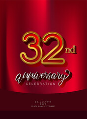 32nd Anniversary Invitation and Greeting Card Design, Golden and Silver Colored, Elegant Design, Isolated on Red Background. Vector illustration.