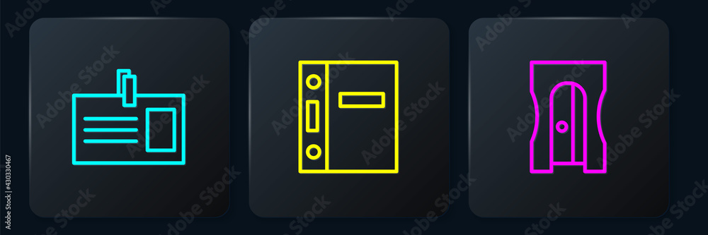 Poster set line identification badge, pencil sharpener and office folders. black square button. vector